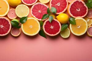 Different types of citrus fruit on pink copy space. AI Generated photo