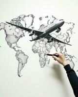 A hand sketching a world map with the airplane. AI Generated photo