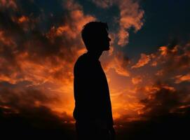 silueta de un hombre en el puesta de sol. ai generado foto
