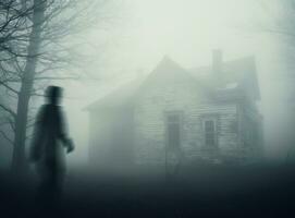 A blurred silhouette in front of an old house with fog. AI Generated photo