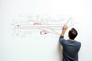 Man drawing airplane sketch on a white wall. AI Generated photo