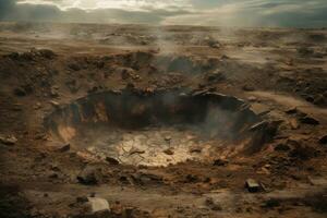 A large crater surrounded with barren land and rock. AI Generated photo