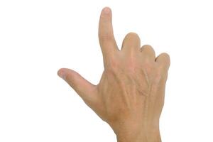 Man hand white background with crooked index finger. photo