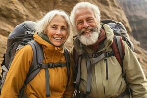 Active retired couple hiking in mountains, fall season, outdoors. AI Generative photo