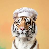 Tiger dressed in chef uniform, complete with toque hat. AI Generative photo