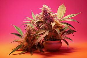 Psychedelic cannabis plant in flower pot close up. Colorful pink neon magic marijuana concept. AI Generative photo