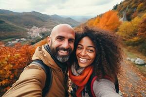 Middle aged interracial couple hiking outdoors in mountains in fall AI Generative photo