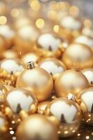 Christmas gold yellow baubles close up. Abstract holiday decorations background AI Generative photo