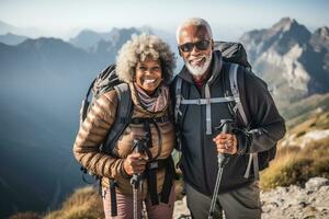 Active retired black couple hiking in mountains, fall season, outdoors. AI Generative photo