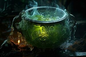 Witches Brew Punch cauldron. Halloween cocktail. Special green drink for party. Spooky festive mood AI Generative photo