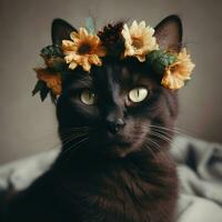 Black cat with flower wreath on head. Realistic portrait. AI Generative photo
