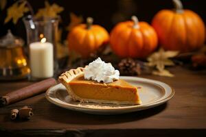 AI Generated Pumpkin Pie piece on plate. Thanksgiving fall season cake photo