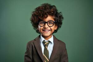 School pupil, Indian boy in glasses on background with copy space, back to school AI Generative photo