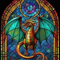 Arch stained glass style window with colorful dragon. Generative AI. Not based on any actual scene or pattern photo