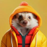Hedgehog in fall winter hooded jacket. Fashion portrait. Pop art lifestyle AI Generative photo