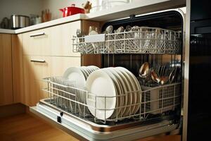 Loaded opened dishwasher machine with clean dishes in kitchen AI Generative photo