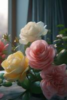 Delicate roses bouquet in vase, window light airy background AI Generative photo