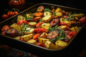 Roasted vegetables on sheet pan oven tray, grilled colorful autumn veggies AI Generative photo