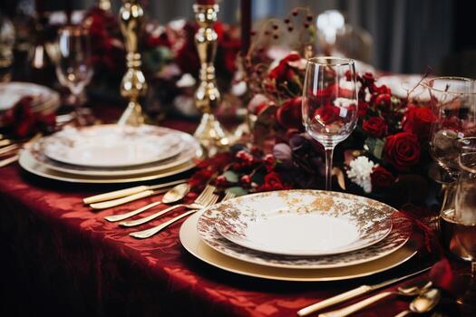 Boda decoración, mesa detalles cerca arriba. rojo y oro lujo diseño ai generativo foto