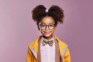 School pupil, black girl in glasses on background with copy space, back to school AI Generative photo