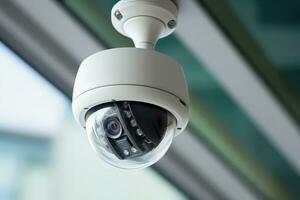 Security round dome surveillance camera on wall, modern building. CCTV in city AI Generative photo