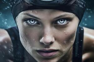 Young female professional Olympic swimmer, woman swimming front view, closeup with water splash AI Generative photo