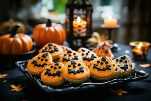 Halloween glazed pumpkin cookies. Festive holiday homemade dessert food AI Generative photo