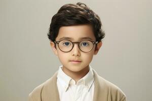School pupil, Asian boy in glasses on background with copy space, back to school concept AI Generative photo