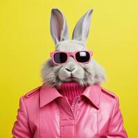 Fashion rabbit in pink faux leather jacket. Trendy pink color. Pop art portrait, lifestyle AI Generative photo