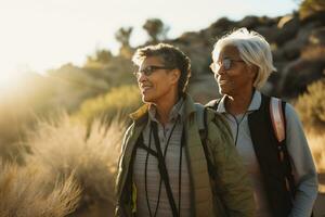 Active retired interracial lespian couple hiking, summer sunshine outdoors. AI Generative photo