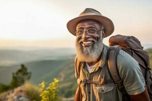 Active retired black man hiking in mountains, fall or summer season, outdoors. AI Generative photo