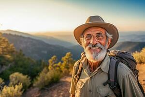 Active retired Latin American man hiking in mountains, summer season, outdoors. AI Generative photo