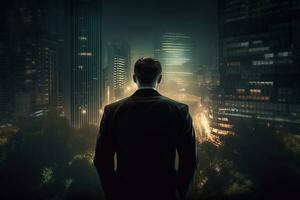 Man in suit in melancholic city at night. Abstract career challenge in city jungle concept, rear view. AI Generative photo