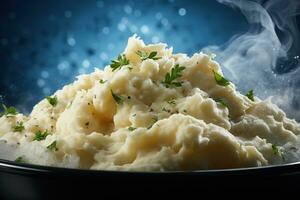 AI Generated Holiday mashed Potatoes in bowl with fresh herbs, rustic wooden background photo