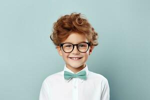 School pupil, boy in glasses on background with copy space, back to school concept AI Generative photo