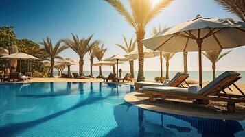 Luxury tropical resort with swimming pool and loungers umbrellas. Sea with blue sky in background AI Generative photo