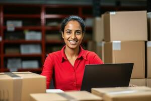 Indian female warehouse manager with laptop in distribution center. Storehouse delivery manager AI Generative photo