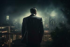 Man in suit in melancholic city at night. Abstract career challenge in city jungle concept. AI Generative photo