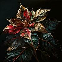 AI Generated Luxury floral oil painting. Gold and red Christmas poinsettia flower on black background photo