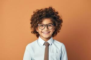 School pupil, Arab boy in glasses on background with copy space, back to school concept AI Generative photo