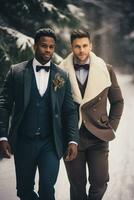 Multiracial LQBTQ gay wedding couple. Winter wedding, outdoor portrait, close up AI Generative photo