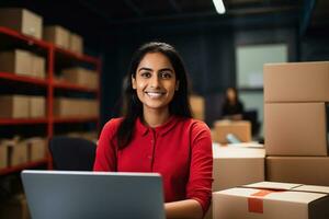 Indian female warehouse manager with laptop in distribution center. Storehouse package supervisor and shipment manager AI Generative photo
