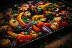 Roasted vegetables on sheet pan oven tray, grilled colorful autumn veggies AI Generative photo