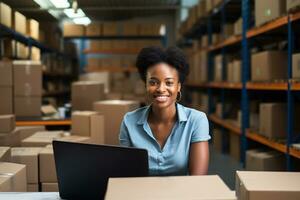 Black female warehouse manager with laptop in distribution center. Storehouse package supervisor and shipment manager AI Generative photo