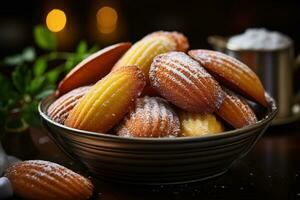 Madeleine cookies on rustic background. French Lorraine region dessert, shell shaped cakes AI Generative photo