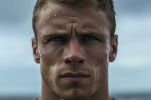 Young male professional muscular swimmer, man swimming front view, closeup portrait AI Generative photo