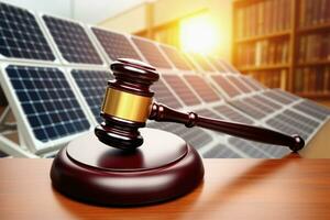 Corte habitación martillo y solar paneles ley para fotovoltaica solar energía. legal marco de referencia para distribución y generación. ai generativo foto