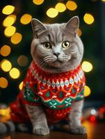 AI Generated British shorthair cat wearing Christmas ugly sweater. Christmas festive mood photo