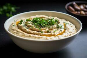 AI Generated Baba Ganoush. Eastern Mediterranean grilled eggplant dip. Vegetarian starter food photo