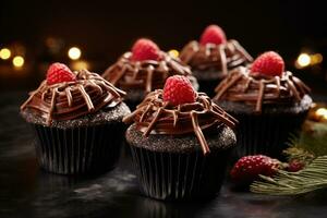 AI Generated Chocolate spider cupcakes sweets for Halloween party. Festive holiday food photo